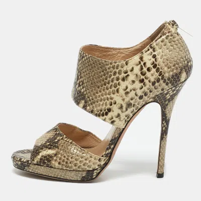 Pre-owned Jimmy Choo Beige/black Python Embossed Leather Ankle Strap Sandals Size 39.5