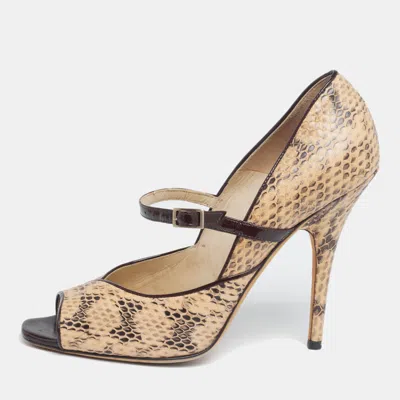 Pre-owned Jimmy Choo Beige/black Python Leather Mary Jane Peep Toe Pumps Size 38.5