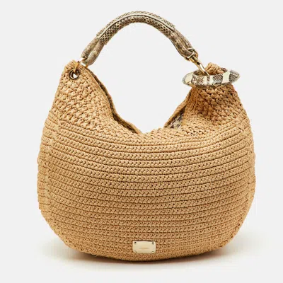 Pre-owned Jimmy Choo Beige/black Raffia And Snakeskin Trim Sky Hobo In Sand