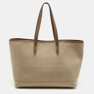 Pre-owned Jimmy Choo Beige/brown Felt And Leather Logo Tote In Sand