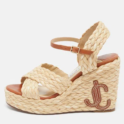 Pre-owned Jimmy Choo Beige/brown Raffia And Leather Dellena Wedge Sandals Size 36