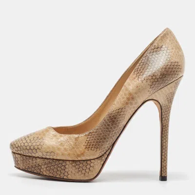 Pre-owned Jimmy Choo Beige/brown Watersnake Leather Cosmic Volume Platform Pumps Size 38