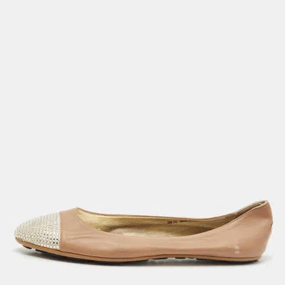 Pre-owned Jimmy Choo Beige/gold Leather Waine Crystal Embellished Cap Toe Ballet Flats Size 38.5