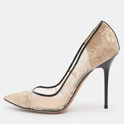Pre-owned Jimmy Choo Beige/gold Patent Leather And Pvc Lace Pumps Size 39 In Sand