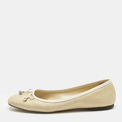 Pre-owned Jimmy Choo Beige/white Leather And Raffia Elme Bow Ballet Flats Size 40 In Sand