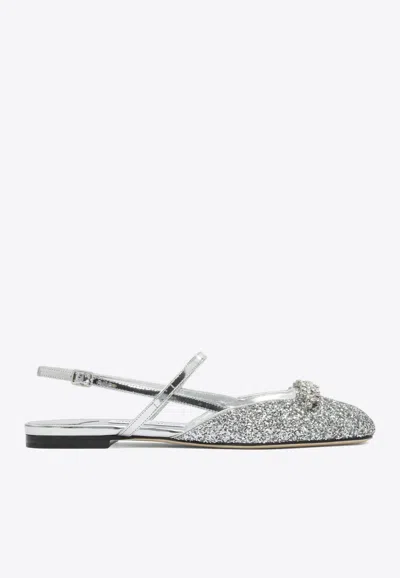 Jimmy Choo Belinda Glittered Slingback Flats In Silver