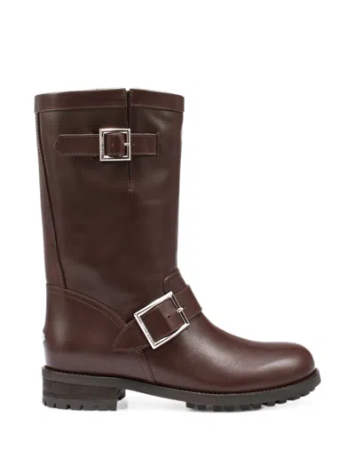 Jimmy Choo Leather Biker Boots Round Toe Buckle In Brown