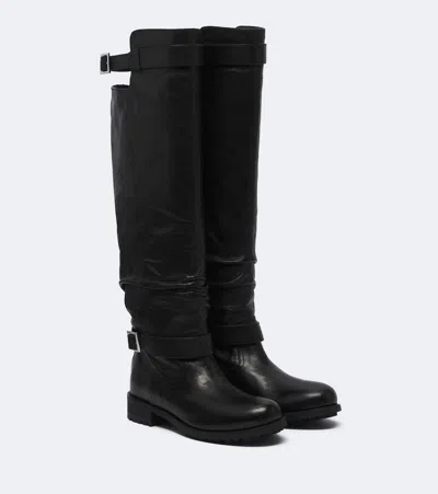 Jimmy Choo Leather Biker Boots Buckle Knee High Lug In Black