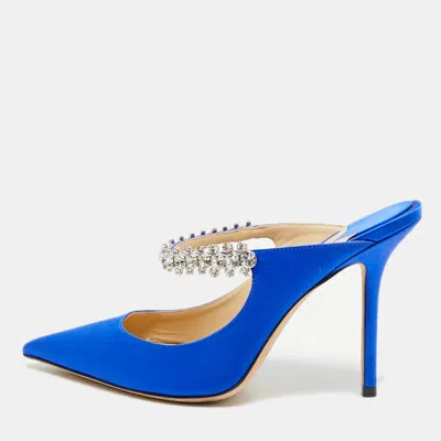 Pre-owned Jimmy Choo Bing 100 Size 37 Blue Satin Crystal Embellished Mules