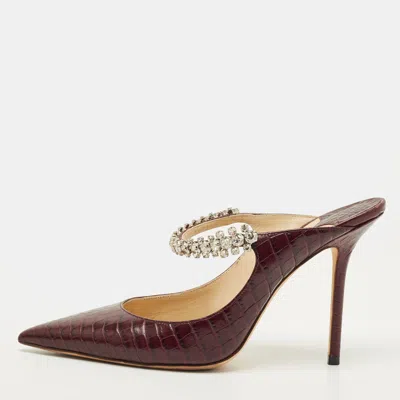 Pre-owned Jimmy Choo Bing 100 Size 39 Burgundy Croc Embossed Leather Mules