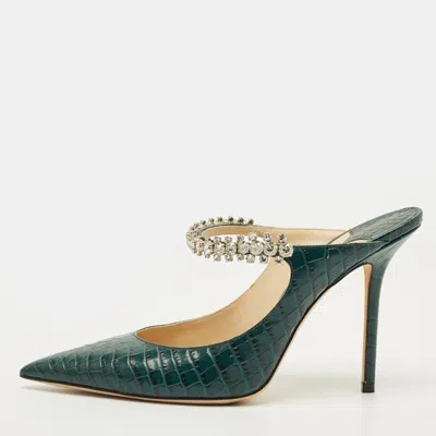 Pre-owned Jimmy Choo Bing 100 Size 39 Dark Green Croc Embossed Leather Crystal Strap Mules