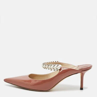 Pre-owned Jimmy Choo Bing 65 Size 38 Brown Patent Leather Crystal Embellished Mules