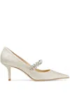 Jimmy Choo 'bing' White Pumps With Crystal Embellishments And High Cone Heel In White