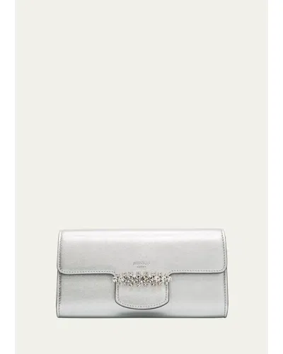 Jimmy Choo Bing Crystal Metallic Leather Wallet In Silver