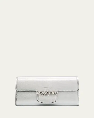 Jimmy Choo Bing Crystal Metallic Leather Wallet In Silver/sil