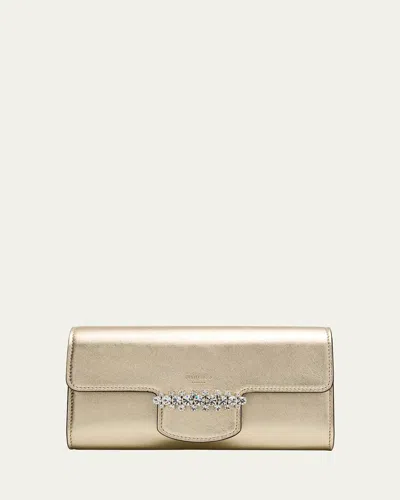 Jimmy Choo Bing Crystal Metallic Leather Wallet In Soft Gold Silver