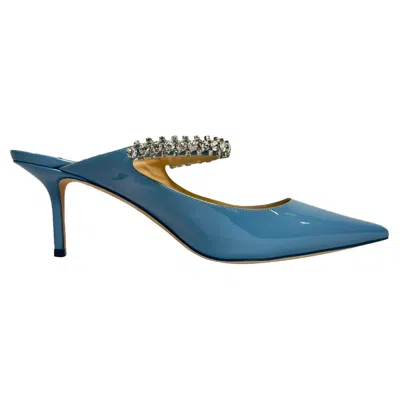 Jimmy Choo Bing Mules With Crystal Strap In Light Blue Patent Leather
