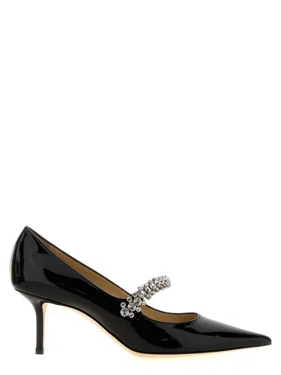 JIMMY CHOO 'BING PUMP' BLACK PUMPS WITH CRYSTAL STRAP IN PATENT LEATHER WOMAN