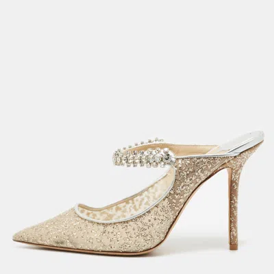 Pre-owned Jimmy Choo Bing Size 39 Beige/silver Leather And Glitter Mesh Crystal Embellished Mules