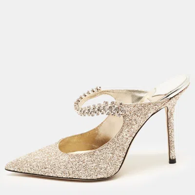 Pre-owned Jimmy Choo Bing Size 39 Silver Coarse Glitter Crystal Embellished Mules