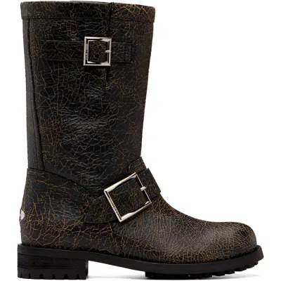 Jimmy Choo Black Biker Midcrackled Leather Boots In Multi
