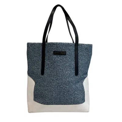 Pre-owned Jimmy Choo Black Blue White Cotton Denim Leather Shoulder Bag Tote Bag () In Multi