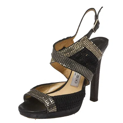 Jimmy Choo Black Chainmail And Fabric Peep Toe Slingback Sandals