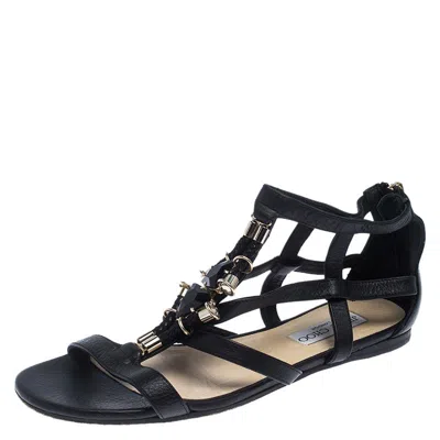Jimmy Choo Black Crystal Embellished Leather Caged Flat Sandals