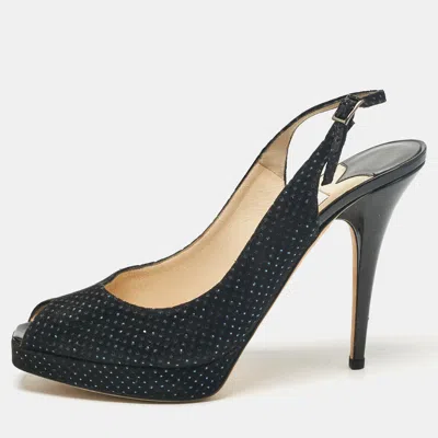 Jimmy Choo Black Embellished Suede Peep Toe Platorm Slingback Pumps