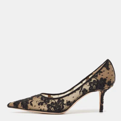 Pre-owned Jimmy Choo Black Floral Lace And Mesh Abel Pointed Toe Pumps Size 37