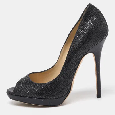 Jimmy Choo Black Glitter Fabric Luna Peep Toe Platform Pumps