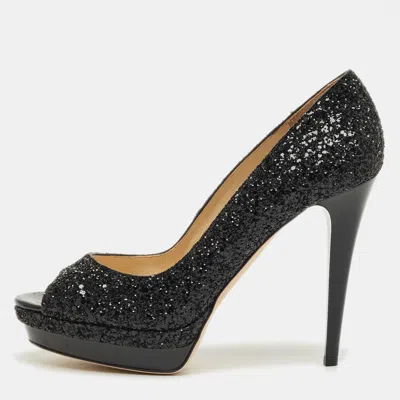 Pre-owned Jimmy Choo Black Glitter Luna Platform Open Toe Pumps Size 40