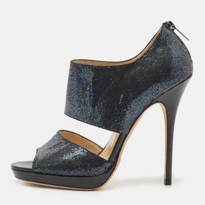 Jimmy Choo Black Glitter Suede Open Toe Pumps In Gray