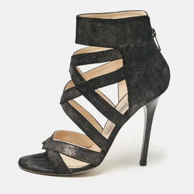 Pre-owned Jimmy Choo Black Glitter Suede Strappy Sandals Size 38.5