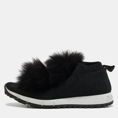 Pre-owned Jimmy Choo Black Knit Fabric And Fur Pom Pom Norway Slip On Sneakers Size 37