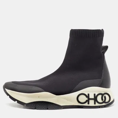 Pre-owned Jimmy Choo Black Knit Fabric And Leather Raine High Top Sneakers Size 38