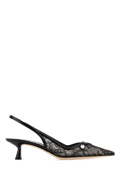 Jimmy Choo Amita 45 Lace Pumps Button Detail Kitten In Black