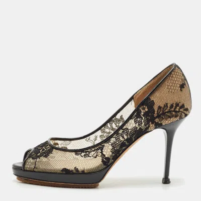 Pre-owned Jimmy Choo Black Lace Luna 100 Peep Toe Pumps Size 36