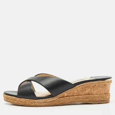 Jimmy Choo Black Leather Almer Wedge Sandals