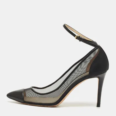 Pre-owned Jimmy Choo Black Leather And Mesh Tower Ankle Strap Pumps Size 37