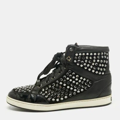 Jimmy Choo Black Leather And Suede Crystal Embellish High Top Sneakers