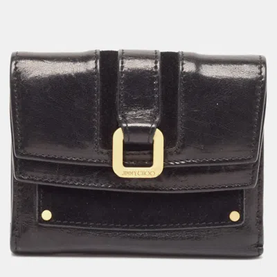 Jimmy Choo Black Leather And Suede Double Flap Compact Wallet