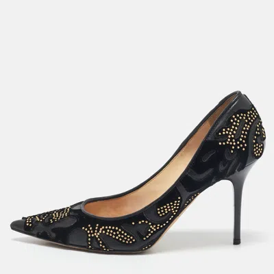 Pre-owned Jimmy Choo Black Leather And Velvet Abel Kid Pointed Toe Pumps Size 36.5