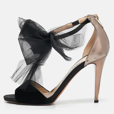 Pre-owned Jimmy Choo Black Leather And Velvet Aveline Ankle Strap Sandals Size 38