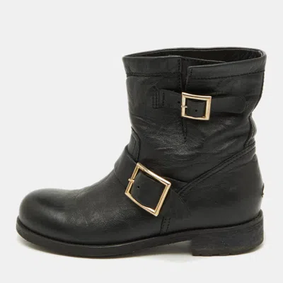 Pre-owned Jimmy Choo Black Leather Biker Ankle Boots Size 37
