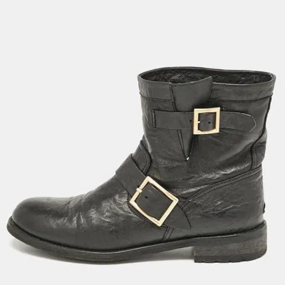 Pre-owned Jimmy Choo Black Leather Biker Boots Size 42