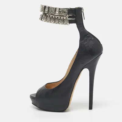 Jimmy Choo Black Leather Crystal Embellished Ankle Cuff Pumps