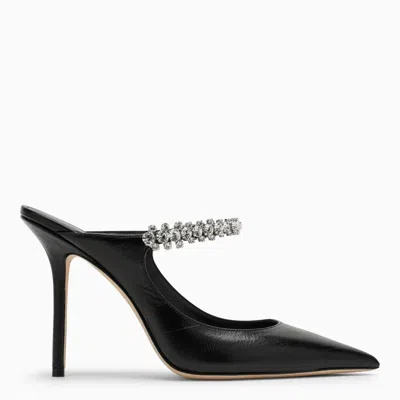 Jimmy Choo Black Leather Crystal Strap Sabot With Pointed Design And Slim Heel