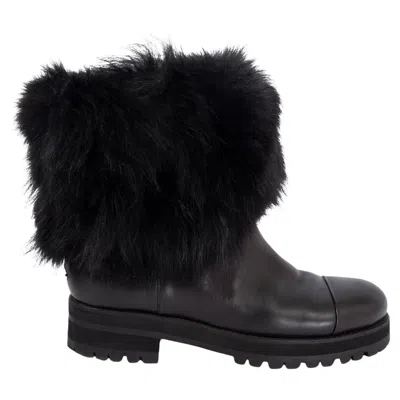 Pre-owned Jimmy Choo Black Leather Dana Fur Trim Biker Boots Shoes 38