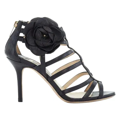 Pre-owned Jimmy Choo Black Leather Flower Brooch Caged Strappy Heel Sandals Eu35.5 Us5.5